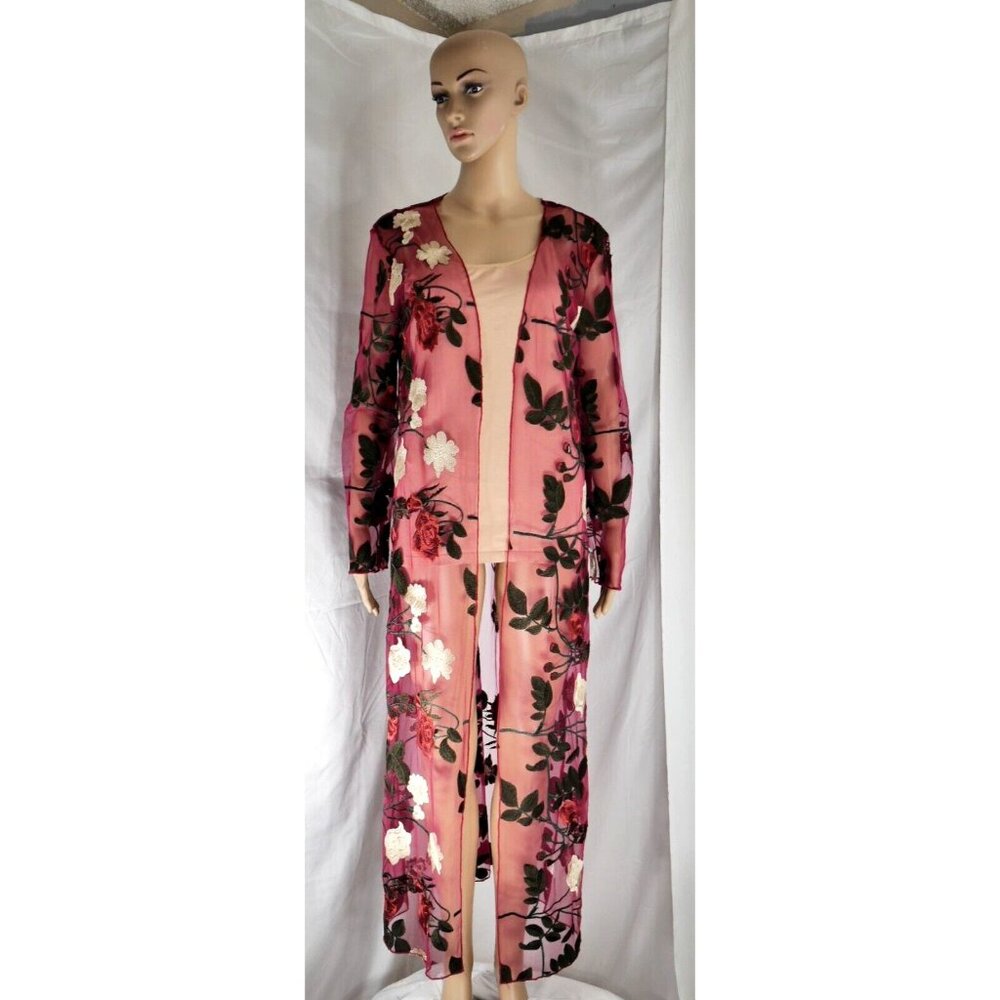 2 Bella Burgundy Embroidered Open Sheer Maxi Duster Cardigan Kimono Wms Medium